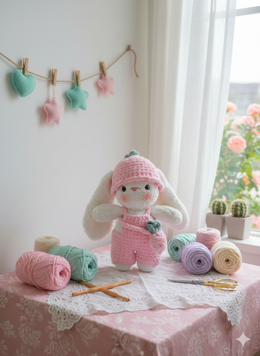 Lapin en crochet tout doux FRAISE 🍓 avec ses accessoires ( chapeau, salopette et sac 🍓)