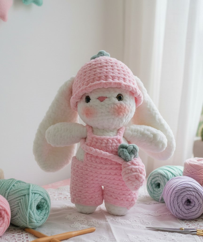 Lapin en crochet tout doux FRAISE 🍓 avec ses accessoires ( chapeau, salopette et sac 🍓)