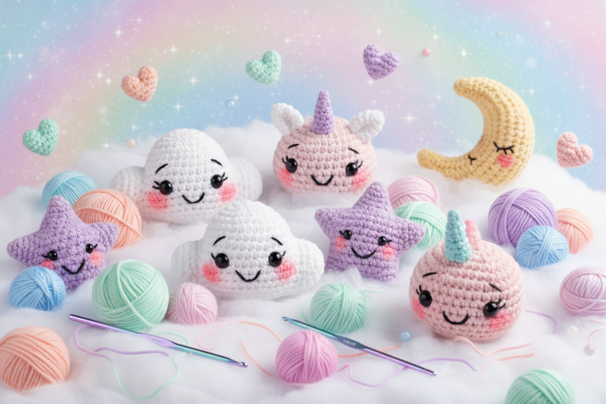 Un univers de couleurs pastels avec des peluches en crochet, des pelotes de laine, des crochets pour crocheter. Le fond remplis de petits coeurs pastel. Style kawai tout mignon